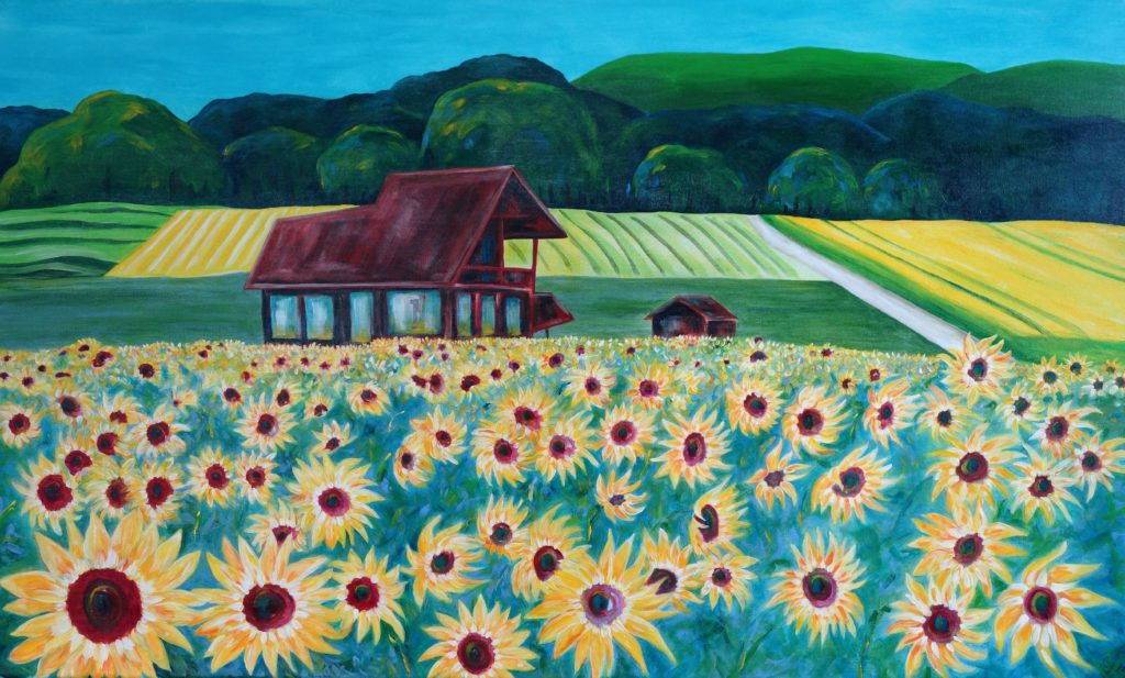 Blockhaus mit Sonnenblumen, 2016, 60 cm x 90 cm, Acrylic 